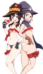 2girls ass bare_shoulders breasts brown_gloves brown_hair collarbone crossover digimon digimon_adventure_02 fingerless_gloves gloves hat highres kono_subarashii_sekai_ni_shukufuku_wo! looking_at_another medium_hair megumin multiple_girls open_mouth pabsmikan short_hair simple_background small_breasts thigh_strap valentine white_background wizard_hat wizarmon wizarmon_(cosplay) yagami_hikari