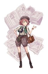 Rule 34 | 1girl, belt, black footwear, brown thighhighs, camera, cathy higgins, freckles, full body, green eyes, hand on own hip, hat, highres, looking at viewer, necktie, newspaper, official art, pouch, princess principal, princess principal game of mission, red hair, shoes, shorts, smile, solo, standing, suspenders, thighhighs, transparent background, vest, watch