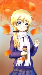 Rule 34 | alternate hairstyle, autumn leaves, black bow, blonde hair, blue eyes, blue skirt, blue sweater, blush, bow, darjeeling (girls und panzer), falling leaves, food, girls und panzer, hair bow, highres, holding, leaf, long hair, long sleeves, looking at viewer, low ponytail, maple leaf, one-hour drawing challenge, pleated skirt, redbaron, scarf, school uniform, skirt, smile, solo, st. gloriana&#039;s school uniform, sweater, sweet potato, twitter username, white scarf