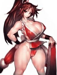 Rule 34 | 1girl, bare shoulders, breasts, brown eyes, brown hair, cameltoe, cleavage, closed mouth, collarbone, covered erect nipples, cowboy shot, curvy, fatal fury, fumio (rsqkr), hair ornament, hand on own hip, high ponytail, highres, huge breasts, japanese clothes, large breasts, long hair, looking at viewer, looking to the side, matching hair/eyes, muscular, muscular female, ponytail, shiranui mai, sideboob, simple background, solo, standing, the king of fighters, thick thighs, thighs, white background, wristband