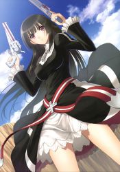 Rule 34 | 1girl, absurdres, black hair, blue sky, breasts, cloud, cross, day, dual wielding, gun, handgun, highres, holding, impossible clothes, jewelry, kilmaria aideen, long hair, medium breasts, necklace, official art, red eyes, revolver, shining (series), shining ark, shirt, sky, solo, tony taka, very long hair, weapon