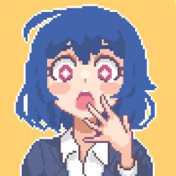 Rule 34 | + +, 1girl, ahoge, blue hair, blue jacket, collared shirt, commentary, covering own mouth, english commentary, gasp, hand over own mouth, hcnone, jacket, open mouth, original, pixel art, red eyes, shirt, short hair, simple background, skye (hcnone), solo, upper body, white shirt, yellow background