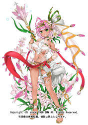 Rule 34 | 1girl, bare legs, bare shoulders, breasts, bridal garter, flower, flower knight girl, full body, green eyes, grin, hair flower, hair ornament, hand on own hip, large breasts, looking at viewer, nail polish, name connection, navel, object namesake, pink hair, revealing clothes, sandals, see-through, shiny skin, short hair, smile, solo, staff, standing, underboob, veil, wamusato haru, white background, zephyranthes (flower knight girl)