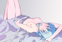 Rule 34 | 10s, 1girl, bed, blue eyes, blue hair, breasts, condom, condom in mouth, condom packet strip, condom wrapper, hair ornament, hairclip, long legs, mahou shoujo madoka magica, mahou shoujo madoka magica (anime), matching hair/eyes, miki sayaka, momoko (palemon), mouth hold, nipples, nude, pillow, short hair, solo, under covers