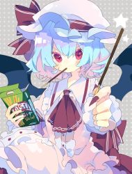 Rule 34 | 1girl, ascot, back bow, bat wings, blue hair, blush, bow, dress, fingernails, food, grey background, hat, hat ribbon, highres, holding, holding food, holding pocky, incoming food, long fingernails, looking at viewer, mob cap, mouth hold, nail polish, nikorashi-ka, outstretched hand, pink dress, pink hat, pocky, polka dot, polka dot background, red ascot, red bow, red eyes, red nails, red ribbon, remilia scarlet, ribbon, sharp fingernails, short hair, solo, star (symbol), touhou, upper body, wings