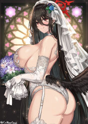 Rule 34 | 1girl, ass, bare shoulders, black hair, blue archive, blush, bouquet, breasts, bridal veil, cenangam, closed mouth, earrings, elbow gloves, flower, garter straps, glint, gloves, hair flower, hair ornament, halo, hasumi (blue archive), highres, holding, holding bouquet, jewelry, lace trim, large breasts, leotard, lingerie, looking at viewer, purple flower, red eyes, sideboob, smile, solo, thighhighs, underwear, veil, white flower, white garter straps, white gloves, white leotard, white thighhighs