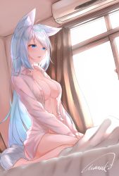 Rule 34 | 1girl, absurdres, animal ear fluff, animal ears, bare legs, barefoot, bed sheet, bedroom, between legs, blue eyes, bottomless, breasts, cat ears, cleavage, collarbone, collared shirt, dress shirt, dutch angle, hand between legs, highres, indie virtual youtuber, indoors, long hair, medium breasts, mizuki (vtuber), naked shirt, on bed, open clothes, open mouth, open shirt, purple (jobseeking), see-through silhouette, shirt, silver hair, sitting, solo, straight hair, swept bangs, unbuttoned, unbuttoned shirt, very long hair, virtual youtuber, wariza, white shirt, wing collar