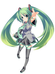 Rule 34 | 1girl, bad id, bad pixiv id, beckoning, detached sleeves, foreshortening, green eyes, green hair, hair ornament, hatsune miku, headphones, long hair, matching hair/eyes, miniskirt, necktie, pleated skirt, plus9, sidelocks, simple background, skirt, smile, solo, standing, thighhighs, twintails, very long hair, vocaloid, zettai ryouiki