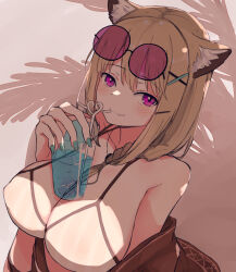 Rule 34 | animal ear fluff, animal ears, arknights, bikini, blue nails, blush, braid, breasts, brown hair, brown jacket, cleavage, coldcat., crazy straw, cup, drink, drinking straw, fingernails, hair ornament, hairclip, highres, holding, holding cup, holding drink, jacket, large breasts, long fingernails, long hair, looking at viewer, off shoulder, official alternate costume, purple-tinted eyewear, purple eyes, shadow, swimsuit, tinted eyewear, upper body, utage (arknights), utage (summer flowers) (arknights), x hair ornament