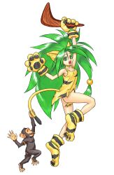 Rule 34 | 1girl, animal ears, animal hands, animal print, arms up, big hair, boomerang, cat ears, cham cham, choker, claws, full body, gloves, green eyes, green hair, highres, holding, holding weapon, long hair, monkey, no panties, non-web source, official art, open mouth, paku paku, paw gloves, paw shoes, shirt, simple background, snk, tail, tail grab, tiger ears, tiger girl, tiger paws, tiger stripes, tiger tail, torn clothes, torn shirt, weapon, white background, yellow choker