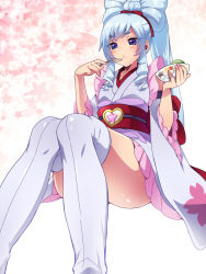 Rule 34 | 1girl, bad id, bad pixiv id, blue eyes, blue hair, blush, bow-shaped hair, bowl, brooch, cosplay, cure fortune, cure fortune (anmitsu komachi), cure fortune (cosplay), food, happinesscharge precure!, heart, heart brooch, hosshiwa, ice cream, japanese clothes, jewelry, kimono, long hair, matching hair/eyes, mogiki hayami, obi, ponytail, precure, sash, short kimono, solo, spoon, thighhighs, white thighhighs, wide ponytail