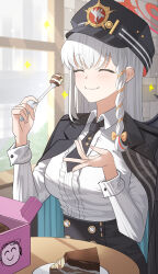 Rule 34 | 1girl, absurdres, black hat, black jacket, black necktie, blue archive, blush, box, braided sidelock, cake, center frills, closed eyes, closed mouth, collared shirt, cowboy shot, eating, food, fork, frilled shirt, frills, grey hair, halo, hands up, haruna (blue archive), hat, highres, holding, holding fork, indoors, jacket, jacket on shoulders, long hair, long sleeves, necktie, open clothes, open hand, open jacket, peaked cap, shirt, smile, solo, straight hair, sysen, table, white shirt, window