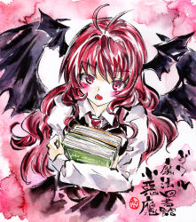 Rule 34 | :o, antenna hair, bat wings, black skirt, black vest, black wings, blush, book, hugging book, book stack, chestnut mouth, collared shirt, commentary request, cropped torso, dot nose, dress shirt, hair between eyes, head wings, highres, holding, holding book, kabaji, koakuma, long hair, long sleeves, looking at viewer, necktie, hugging object, red eyes, red hair, red necktie, shikishi, shirt, sidelocks, simple background, skirt, skirt set, touhou, traditional media, translation request, vest, white shirt, wings
