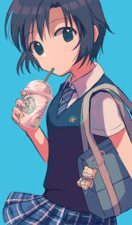 Rule 34 | 1girl, absurdres, bag, bag charm, black eyes, black hair, black hairband, blue background, blue neckwear, blue skirt, blue sweater vest, blush, breasts, charm (object), commentary, cup, diagonal stripes, disposable cup, dress shirt, drink, drinking, drinking straw, frappuccino, hairband, highres, holding, holding drink, idolmaster, idolmaster (classic), idolmaster million live!, idolmaster million live! theater days, kikuchi makoto, looking at viewer, looking to the side, miyagi, no pupils, plaid, plaid skirt, pleated skirt, school bag, school uniform, shirt, short hair, short sleeves, simple background, skirt, small breasts, solo, striped neckwear, stuffed animal, stuffed toy, sweater vest, teddy bear, tomboy, upper body, white shirt