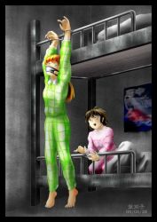 Rule 34 | 1boy, 1girl, arms up, barefoot, bdsm, bed, bondage, bound, bunk bed, cuffs, dated, gag, gin nasu, handcuffed, handcuffs, indoors, pajamas, tagme