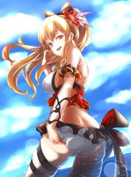 Rule 34 | 10s, 1girl, adjusting clothes, adjusting swimsuit, ass, bikini, blonde hair, bow, breasts, butt crack, flower, from behind, from below, granblue fantasy, hair bow, hair flower, hair ornament, highres, large breasts, long hair, looking at viewer, looking back, nikke (cherish), open mouth, orange eyes, ponytail, ribbon, smile, solo, swimsuit, vira (granblue fantasy), water, wet, wind