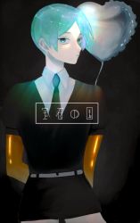 Rule 34 | 1other, androgynous, balloon, belt, black background, commentary request, copyright request, crystal hair, franc 1031, gem uniform (houseki no kuni), golden arms, green eyes, green hair, highres, houseki no kuni, looking at viewer, necktie, phosphophyllite, short hair, short sleeves, shorts, simple background, solo