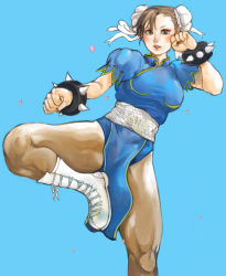 Rule 34 | 1girl, blush, bracelet, brown hair, capcom, china dress, chinese clothes, chun-li, clenched hand, clenched hands, dress, jewelry, kazaana, pantyhose, pelvic curtain, simple background, solo, spiked bracelet, spikes, street fighter