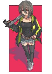 Rule 34 | 1girl, belt, belt buckle, black gloves, black hair, black jacket, black shirt, black thighhighs, blood, blood on clothes, blood on face, blue shorts, breasts, brown belt, buckle, cb (c-board), collarbone, commentary request, drawstring, fingerless gloves, full body, gloves, gun, hair between eyes, handgun, highres, holding, holding gun, holding weapon, hood, hood down, hooded jacket, jacket, looking at viewer, open clothes, open jacket, original, red eyes, revolver, shirt, shoes, short shorts, shorts, shotgun, single glove, small breasts, solo, standing, thighhighs, v-shaped eyebrows, weapon, weapon request, white footwear