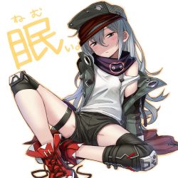 Rule 34 | 1girl, bandana, blush stickers, flat chest, g11 (girls&#039; frontline), girls&#039; frontline, hair between eyes, half-closed eyes, hat, head tilt, highres, itou (onsoku tassha), jacket, knee pads, long hair, looking at viewer, messy hair, off shoulder, open clothes, open jacket, red footwear, shoes, short shorts, shorts, sidelocks, silver hair, simple background, sitting, sneakers, solo, strap slip, thigh strap, untied footwear, white background
