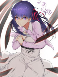 Rule 34 | 1girl, absurdres, asymmetrical hair, azarashi (azrsot), black ribbon, blue hair, dress, fate/stay night, fate (series), floating hair, hair ribbon, highres, long dress, long hair, long sleeves, looking at viewer, matou sakura, official alternate costume, open clothes, open skirt, parted lips, pink skirt, purple eyes, red ribbon, rei no himo, ribbon, skirt, solo, white dress
