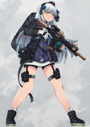 Rule 34 | 1girl, ankle boots, assault rifle, blunt bangs, blush, boots, breasts, buckle, cowboy shot, dress, expressionless, facial mark, full body, girls&#039; frontline, gloves, green eyes, grey background, gun, h&amp;k hk416, hair ornament, hand on own hip, headset, heckler &amp; koch, highres, hk416 (girls&#039; frontline), hk416 (mod3) (girls&#039; frontline), holding, holding gun, holding weapon, jacket, long hair, medium breasts, mod3 (girls&#039; frontline), name tag, open clothes, open jacket, persocon93, rifle, sidelocks, silver hair, snap-fit buckle, solo, trigger discipline, twitter username, very long hair, weapon