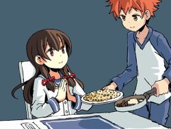 Rule 34 | 1boy, 1girl, black hair, blue background, commentary, cowboy shot, crossover, emiya shirou, english commentary, fate/stay night, fate (series), food, fried rice, frying pan, grey background, hair ribbon, isokaze (kancolle), kantai collection, kawasumi ayako, long hair, long sleeves, neckerchief, one-hour drawing challenge, own hands together, plate, raglan sleeves, red eyes, red hair, ribbon, school uniform, serafuku, simple background, sixten, spiked hair, tress ribbon, upper body, voice actor connection, yellow neckerchief