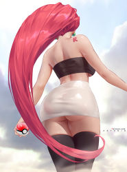 Rule 34 | 1girl, artist name, ass, aztodio, bandeau, bare arms, bare shoulders, black thighhighs, breasts, cowboy shot, creatures (company), earrings, from behind, game freak, highres, holding, jessie (pokemon), jewelry, large breasts, long hair, midriff, miniskirt, nintendo, pencil skirt, poke ball, pokemon, pokemon (anime), red hair, revision, skirt, solo, standing, strapless, tattoo, thighhighs, thighs, tube top, underbutt, very long hair, white skirt