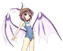Rule 34 | 1girl, :d, alternate wings, female focus, flat chest, low wings, mystia lorelei, name tag, one-piece swimsuit, open mouth, school swimsuit, simple background, smile, solo, swimsuit, touhou, white background, wings, yuuhodou