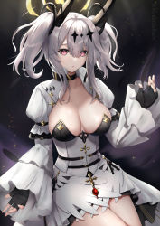 Rule 34 | 1girl, amano kusatsu, azur lane, black choker, black gloves, breasts, choker, cleavage, cowboy shot, dress, fingerless gloves, gloves, halo, highres, joffre (azur lane), juliet sleeves, large breasts, long hair, long sleeves, looking at viewer, parted lips, pink eyes, puffy sleeves, solo, twintails, white dress, white hair