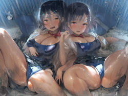 Rule 34 | 2girls, absurdres, bag, black hair, black skirt, blue one-piece swimsuit, blush, bow, bowtie, breasts, brown footwear, cleavage, collarbone, collared shirt, crack, cracked floor, dress shirt, fangs, hair between eyes, hair ornament, hairclip, highres, kaede (sayappa), knee up, large breasts, loafers, long hair, looking at viewer, lying, miniskirt, multiple girls, non-web source, old school swimsuit, on back, one-piece swimsuit, open clothes, open mouth, open shirt, original, outdoors, pink eyes, pleated skirt, ponytail, puddle, rain, red neckwear, school bag, school swimsuit, shiny swimsuit, shirt, shoes, short hair, short sleeves, skirt, spread legs, swimsuit, swimsuit under clothes, water, wet, wet clothes, wet hair, white shirt, wing collar, x hair ornament, yellow eyes