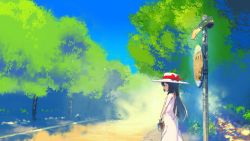 Rule 34 | 1girl, bare arms, bare shoulders, black hair, bow, bus stop, closed mouth, day, dress, closed eyes, from side, hat, hat bow, highres, holding, long hair, mianbaoshi mengxiang, original, outdoors, paint, profile, red bow, road, road sign, sign, smile, solo, standing, sun hat, sundress, tree, white dress