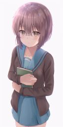 Rule 34 | 1girl, bad id, bad twitter id, blue sailor collar, blue skirt, blush, book, hugging book, bookmark, brown cardigan, brown eyes, cardigan, closed mouth, collarbone, commentary request, cowboy shot, glasses, highres, holding, holding book, kita high school uniform, long sleeves, nagato yuki, hugging object, open cardigan, open clothes, purple hair, red ribbon, ribbon, sailor collar, school uniform, serafuku, short hair, skirt, solo, standing, suzumiya haruhi no yuuutsu, umineco 1, winter uniform