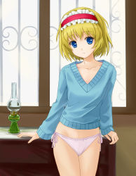 Rule 34 | 1girl, alice margatroid, arm support, bad id, bad pixiv id, blonde hair, blue eyes, collarbone, expressionless, female focus, flat chest, hairband, highres, lamp, looking at viewer, no pants, panties, short hair, side-tie panties, solo, sweater, touhou, tucana, underwear