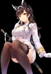 Rule 34 | 1girl, :&gt;, absurdres, animal ears, atago (azur lane), azur lane, black background, black thighhighs, buttons, closed mouth, double-breasted, garter straps, gloves, hand up, highres, index finger raised, knees together feet apart, long hair, looking at viewer, miniskirt, mole, mole under eye, pencil skirt, sidelocks, simple background, skirt, smile, solo, sukemyon, swept bangs, thighhighs, thighs, uniform, wavy hair, white gloves