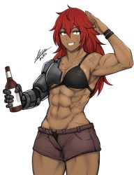 Rule 34 | 1girl, abs, airisubaka, alcohol, beer bottle, bikini, black bikini, bracelet, brown eyes, brown shorts, commentary, cowboy shot, english commentary, highres, holding, jewelry, long hair, looking at viewer, mechanical arms, muscular, muscular female, open fly, original, prosthesis, prosthetic arm, red hair, salute, scar, scar on arm, scar on face, scar on stomach, shorts, signature, simple background, single mechanical arm, smile, solo, swimsuit, white background