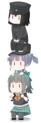 Rule 34 | &gt;:&gt;, &gt;:), 10s, 2015, 3girls, :&gt;, akitsu maru (kancolle), black hair, blue hair, bow, breasts, carrying, dated, gloves, green hair, hair bow, hair ornament, hair ribbon, hands on another&#039;s head, hat, highres, kantai collection, large breasts, long hair, long image, military, military uniform, multiple girls, navel, ooshio (kancolle), pantyhose, peaked cap, pleated skirt, ponytail, remodel (kantai collection), ribbon, school uniform, serafuku, shaking, short hair, short twintails, shoulder carry, sitting, sitting on shoulder, skirt, smile, suspenders, sweat, tall image, tank top, thighhighs, trembling, twintails, twitter username, uniform, v-shaped eyebrows, v arms, white background, white gloves, yukichi (sukiyaki39), yuubari (kancolle), | |