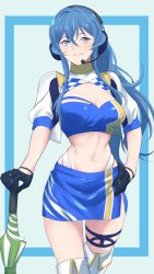 Rule 34 | 1girl, bandeau, black gloves, blue bandeau, blue eyes, blue hair, blue skirt, breasts, cleavage, cleavage cutout, clothing cutout, cowboy shot, cropped jacket, gloves, gotland (kancolle), headphones, headset, highres, jacket, kantai collection, large breasts, long hair, looking at viewer, midriff, miniskirt, mole, mole under eye, narrow waist, official alternate costume, planted, planted umbrella, race queen, shingyou (alexander-13), skirt, solo, thighhighs, umbrella, white jacket, white thighhighs