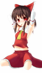 Rule 34 | 1girl, armpits, arms up, bad id, bad pixiv id, black hair, blush, bow, detached sleeves, female focus, full body, hair bow, hakurei reimu, highres, japanese clothes, kneeling, midriff, miko, mouth hold, navel, no bra, ojaga, red eyes, simple background, skirt, solo, touhou, white background