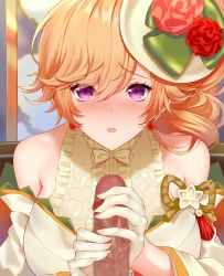 Rule 34 | 1boy, 1girl, azur lane, bare shoulders, blush, breasts, censored, center frills, drill hair, earrings, flower, frills, gloves, hajika, half gloves, hat, hat flower, highres, japanese clothes, jewelry, kimono, large breasts, long hair, looking at viewer, mini hat, mosaic censoring, off-shoulder kimono, official alternate costume, orange hair, penis, purple eyes, richelieu (azur lane), richelieu (evergreen prophecy) (azur lane), side drill, single drill, tilted headwear, white gloves, white kimono