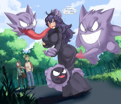 Rule 34 | 1boy, 2girls, 3others, @ @, absurdres, ahoge, alternate breast size, ass, black hairband, blush, borvar, breasts, creatures (company), curvy, day, dress, embarrassed, english text, erection, fang, forest, game freak, gastly, gen 1 pokemon, gengar, ghost, ghost tail, hairband, haunter, headpat, hex maniac (pokemon), highres, huge breasts, imminent gangbang, imminent penetration, imminent rape, impossible clothes, impossible dress, large penis, long dress, long tongue, looking back, messy hair, molestation, multiple girls, multiple others, nature, nintendo, npc trainer, outdoors, penis, pokemon, pokemon (creature), pokemon xy, purple eyes, purple hair, rape face, solo focus, tongue, trembling