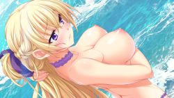 Rule 34 | 1girl, arm under breasts, blonde hair, blush, braid, breast hold, breasts, choker, closed mouth, copyright request, day, dutch angle, embarrassed, game cg, hair lift, hair ribbon, kannatsuki noboru, large breasts, looking away, nipples, one side up, outdoors, purple eyes, ribbon, side braid, solo, topless, water, yuusha to odore!