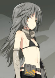 Rule 34 | 1girl, alice gear aegis, belt, closed mouth, commentary request, elbow gloves, gloves, grey hair, looking at viewer, looking to the side, micro bra, navel, shimada fumikane, shinonome chie, solo, utility belt, yellow eyes
