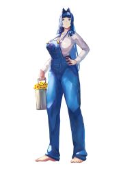 Rule 34 | 1girl, absurdres, adapted costume, barefoot, blue eyes, blue hair, blue overalls, blue pants, blunt bangs, blunt ends, breasts, bucket, curvy, denim overalls, erasorpepero, flower, full body, hair intakes, hand on own hip, high-waist pants, highres, hime cut, holding, holding bucket, hololive, hololive english, large breasts, long hair, long sleeves, looking at viewer, official alternate hair length, official alternate hairstyle, ouro kronii, ouro kronii (casual), overalls, pants, shirt, sidelocks, simple background, solo, sunflower, virtual youtuber, white background, white shirt