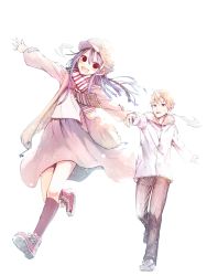 Rule 34 | 1boy, 1girl, absurdres, akasaka aka, blonde hair, coat, fukase kuro, holding hands, hat, hetero, highres, himeura sera, ib -instant bullet-, long hair, open mouth, original, outstretched arms, purple hair, red eyes, running, scarf, short hair, smile, spread arms