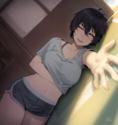 Rule 34 | 1girl, bandaid, bandaid on cheek, bandaid on face, black hair, breasts, closed eyes, dutch angle, facing viewer, hand under clothes, hand under shirt, hunyan, indoors, large breasts, lying, navel, on floor, on side, open mouth, original, outstretched arm, shirt, short shorts, shorts, smile