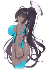 Rule 34 | 1girl, aqua one-piece swimsuit, ass, blue archive, breasts, dark-skinned female, dark skin, halo, karin (blue archive), long hair, looking back, one-piece swimsuit, ponytail, purple hair, purple halo, sideboob, simple background, sogdin, solo, swimsuit, white background, yellow eyes