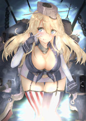 Rule 34 | 10s, 1girl, absurdres, american flag, american flag legwear, arm at side, bare shoulders, blonde hair, blue eyes, breasts, cleavage cutout, clothing cutout, detached sleeves, elbow gloves, fingerless gloves, flag print, front-tie top, garter straps, gloves, hair between eyes, headgear, highres, iowa (kancolle), kantai collection, large breasts, leaning forward, long hair, looking at viewer, machinery, miniskirt, riyo (ryon 96), skirt, solo, star-shaped pupils, star (symbol), striped clothes, striped thighhighs, symbol-shaped pupils, thighhighs, vertical-striped clothes, vertical-striped thighhighs