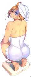 Rule 34 | 1girl, 23 (real xxiii), ass, bare arms, bare shoulders, barefoot, bathroom scale, blush, censored, crying, crying with eyes open, empty eyes, english text, full body, hair up, highres, hollow eyes, naked towel, original, sad, shaded face, short hair, simple background, sobbing, soles, solo, squatting, teardrop, tears, towel, towel on head, translated, ursula (23), weighing scale, weight conscious, white background