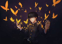 Rule 34 | 1boy, artist name, bad id, bad pixiv id, black hair, black pants, bowl cut, bug, butterfly, dark background, gakuran, hands up, highres, hoshiko (419401x), insect, kageyama shigeo, male focus, mob psycho 100, pants, school uniform, short hair, simple background, solo, standing, upper body, yellow butterfly